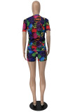 Multicolor Fashion Casual Print Basic O Neck Short Sleeve Two Pieces