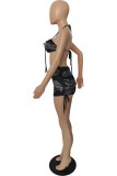 Black Fashion Sexy Print Backless Halter Sleeveless Two Pieces