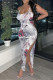 Rose Red Fashion Sexy Print Backless Slit Spaghetti Strap Sleeveless Dress