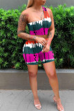 Rose Red Sexy Casual Print Backless One Shoulder Sleeveless Two Pieces