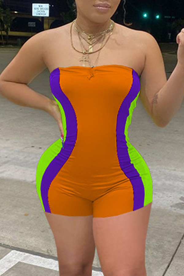 Tangerine Casual Print Patchwork Strapless Skinny Rompers