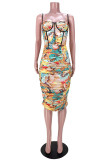 Yellow Fashion Sexy Print Backless Spaghetti Strap Sleeveless Dress