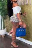 White Casual Striped Print Patchwork Off the Shoulder Short Sleeve Two Pieces