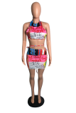 Pink Sexy Print Hollowed Out Halter Sleeveless Two Pieces