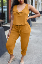 Caramel Colour Casual Solid Split Joint Frenulum Buttons O Neck Straight Jumpsuits