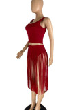 Red Sexy Solid Tassel Patchwork U Neck Sleeveless Two Pieces