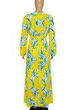 Yellow Elegant Print Bandage Split Joint V Neck Printed Dress Dresses