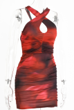 Red Sexy Print Hollowed Out Halter Pencil Skirt Dresses