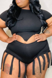 Black Sexy Solid Tassel O Neck Plus Size Two Pieces