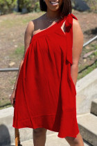 Red Sexy Solid Bandage Split Joint Oblique Collar Irregular Dress Dresses