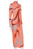 Orange Elegant Print Split Joint O Neck Pencil Skirt Dresses