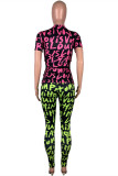 Pink Yellow Fashion Casual Print Basic O Neck Short Sleeve Two Pieces