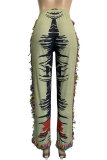 Light Green Fashion Casual Print Tassel Regular High Waist Trousers
