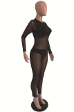 Black Sexy Solid Mesh O Neck Skinny Jumpsuits