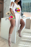 Yellow Casual Print High Opening O Neck Short Sleeve Two Pieces