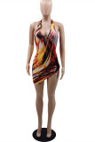 Multi-color Fashion Sexy Print Backless Halter Sleeveless Dress