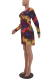 Rainbow Color Casual Print Patchwork Buckle V Neck Shirt Dress Dresses