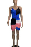Blue Sexy Color Lump Print Patchwork Fold Spaghetti Strap Pencil Skirt Dresses