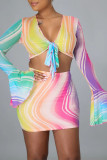 Yellow Sexy Print Bandage Patchwork See-through V Neck Long Sleeve Two Pieces