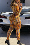 Yellow Sexy Print Hollowed Out Patchwork Frenulum O Neck Long Sleeve Two Pieces