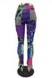 Purple Fashion Casual Print Patchwork Regular High Waist Trousers