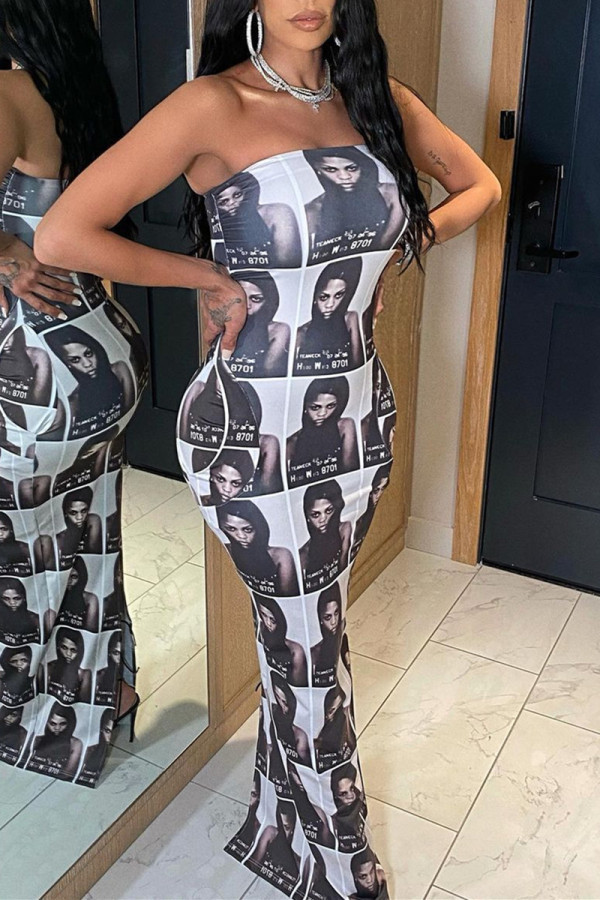 Multicolor Fashion Sexy Print Backless Strapless Sleeveless Dress