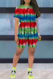 Red Casual Print Patchwork O Neck Short Sleeve Two Pieces