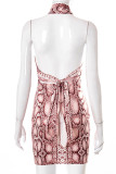 Red Sexy Print Bandage Hollowed Out Patchwork Draw String Fold Halter Pencil Skirt Dresses
