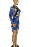 Multicolor Casual Print Patchwork Buckle Turndown Collar Shirt Dress Dresses