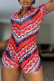Red Sexy Print Patchwork Zipper Collar Skinny Rompers
