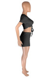 Pink Fashion Casual Solid Bandage V Neck Short Sleeve Two Pieces