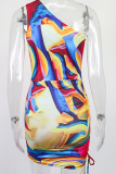 Blue Sexy Print Hollowed Out One Shoulder Pencil Skirt Dresses