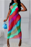 Red Sexy Print Mesh O Neck Pencil Skirt Dresses