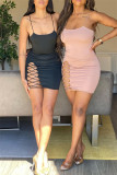 Pink Fashion Sexy Solid Hollowed Out Backless Spaghetti Strap Sleeveless Dress Dresses