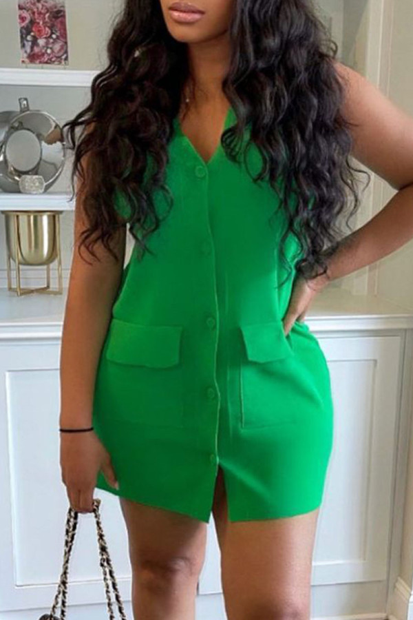 Green Fashion Casual Solid Buttons V Neck Sleeveless Dress