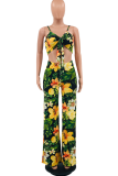 Green Sexy Print Patchwork Spaghetti Strap Sleeveless Two Pieces