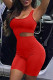 Red Sexy Solid Hollowed Out Patchwork Oblique Collar Skinny Rompers