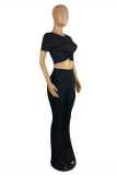 White Fashion Casual Solid Basic O Neck Short Sleeve Two Pieces
