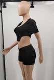 Black Fashion Casual Solid Asymmetrical Hooded Collar Short Sleeve Two Pieces