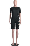 Red Casual Print Hollowed Out Asymmetrical O Neck Short Sleeve Two Pieces