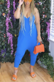 Blue Sexy Solid Split Joint Halter Harlan Jumpsuits