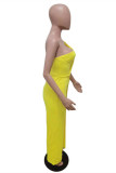 Yellow Sexy Casual Solid Backless One Shoulder Regular Jumpsuits