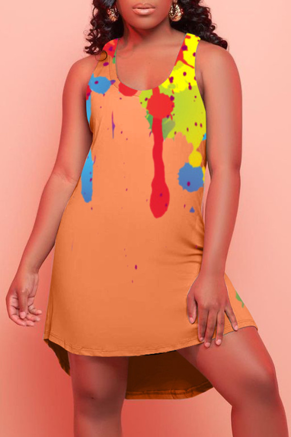 Orange Fashion Casual Print Asymmetrical U Neck Vest Dress