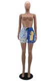 Blue Casual Print Patchwork Straight Mid Waist Straight Full Print Bottoms