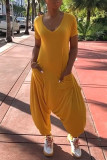 Yellow Fashion Casual Solid Pocket V Neck Regular Jumpsuits