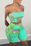 Rose Red Fashion Sexy Print Backless Strapless Sleeveless Two Pieces