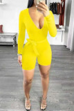 Yellow Fashion Casual Solid Basic V Neck Skinny Long Sleeve Romper