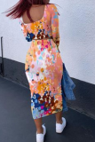 Colour Sexy Print Patchwork Square Collar Half Sleeve Two Pieces