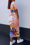 Colour Sexy Print Patchwork Square Collar Half Sleeve Two Pieces