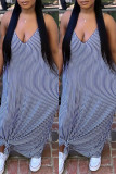 Blue Fashion Sexy Striped Print Backless Spaghetti Strap Sleeveless Dress